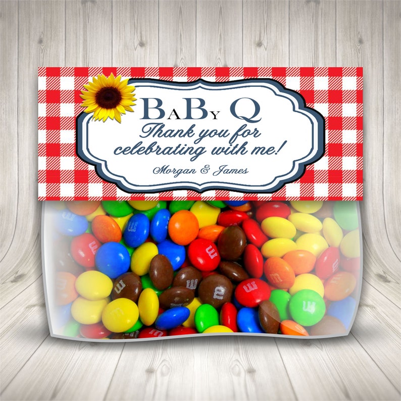 Personalized Red or Blue Gingham Baby Q Baby Shower Treat Bag Topper, BBQ Picnic Party Favors image 1