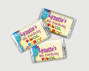 Personalized Pool Birthday Party Favors, Mini Candy Bar Wrappers