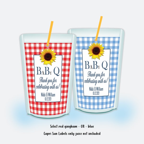 Personalized Gingham Baby Q Baby Shower Favors Labels, Red Blue Gingham Capri Sun Labels, Picnic  BBQ  labels,