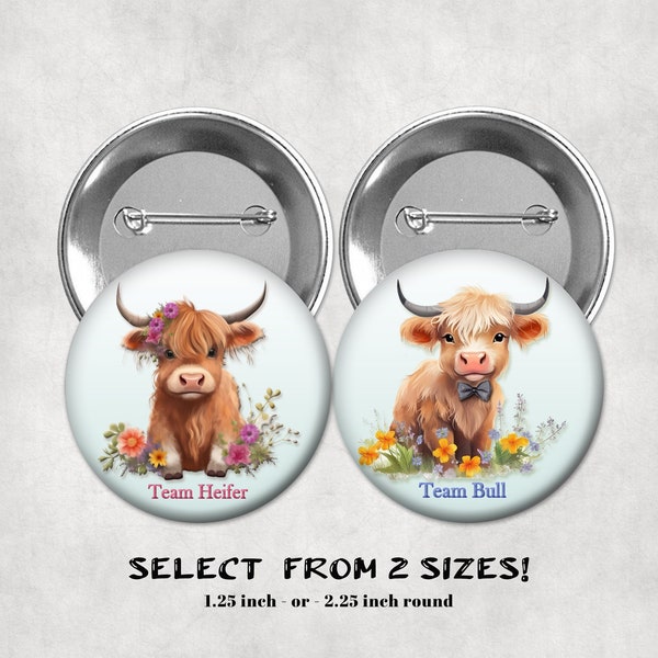 Cute Highland Cow Gender Reveal Baby Shower Pin Buttons, Team Heifer Bull, Farm Baby Shower, Pink Blue Party Favors
