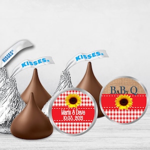 Personalized Baby Q  Baby Shower Hershey Kiss Sticker Favors, Red Gingham Party Favors