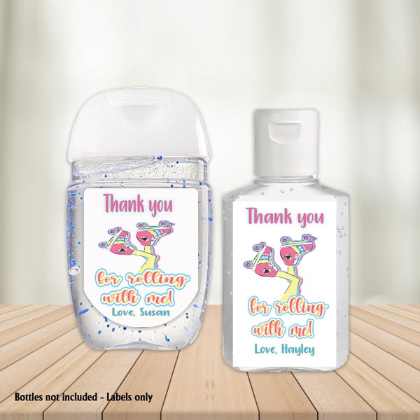 Personalized Roller Skate Hand Sanitizer Labels, Birthday Party Tags, Skating Party Favors