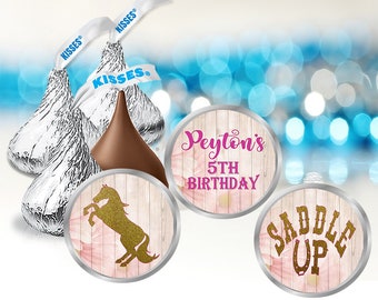 108 Personalized Horse Birthday Hershey Kiss Party Favor Stickers, Pink Cowgirl Labels