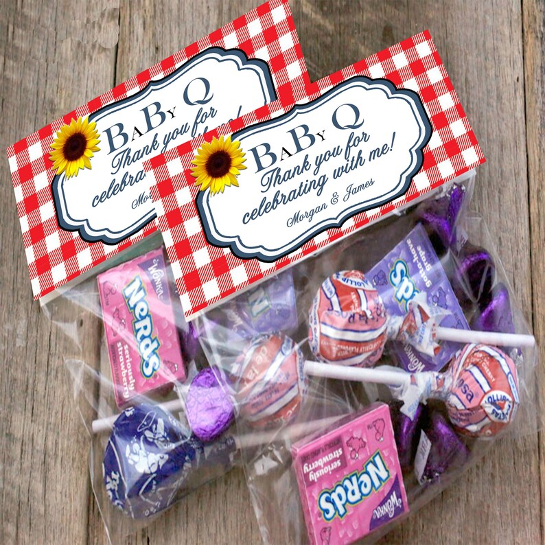 Personalized Red or Blue Gingham Baby Q Baby Shower Treat Bag Topper, BBQ Picnic Party Favors image 3