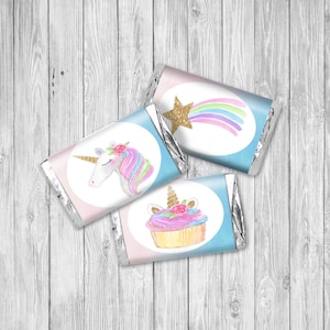 12 Printable Unicorn Birthday Party Mini Candy Bar Wrappers, Digital File of Unicorn Party Favors