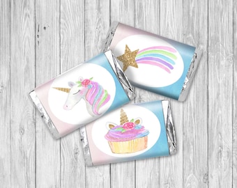 12 Printable Unicorn Birthday Party Mini Candy Bar Wrappers, Digital File of Unicorn Party Favors