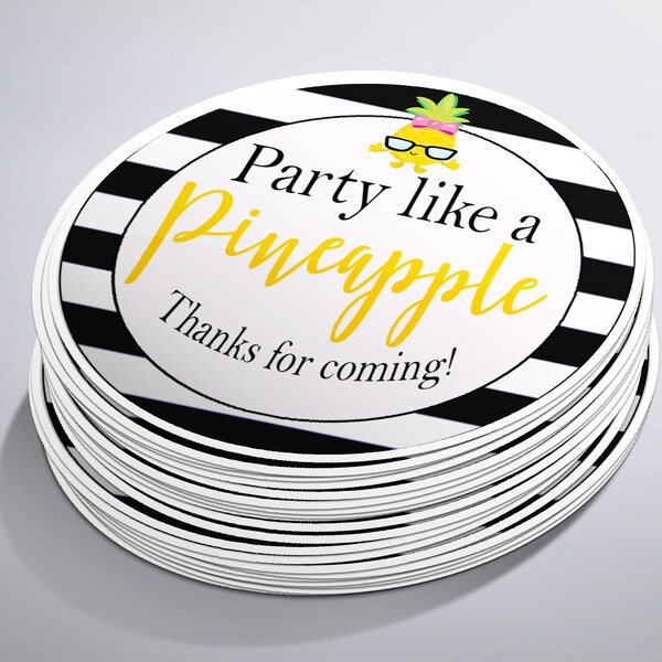 24 Party Like A Pineapple Stickers, Party Circle Sticker Labels, Flamingo Party, Tropical Luau Pineapple Label, Pool Birthday Party Favors,