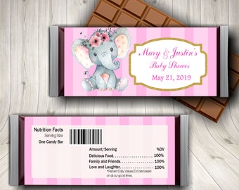 Personalized  Elephant Baby Shower Candy Bar Wrapper, Customized Girl Baby Shower Party Favors, New Baby Label