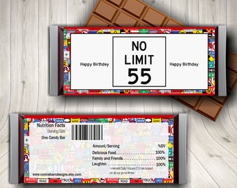 Printable 55th Birthday No Limit  Candy Bar Wrappers,  Party Favors, Instant Download