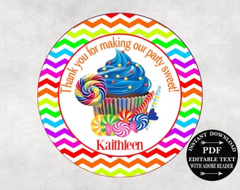 Sweet Shop Birthday Party Label,  DIY Circle Tag Party Favor Sticker Cupcake Toppers, Printable Party Template, Editable, Instant Download