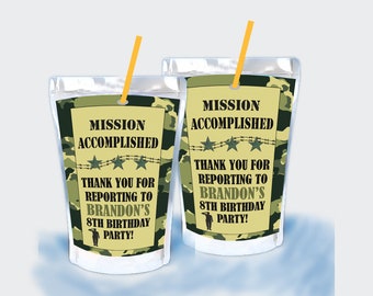 Camo Birthday Party Favors, Capri Sun Labels, Custom Army Camouflage Labels