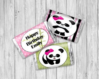 24 Personalized Panda Bear Birthday Party Mini Candy Bar Wrapper, Pink Panda Party Favor Tag Stickers for Birthday or Baby Shower