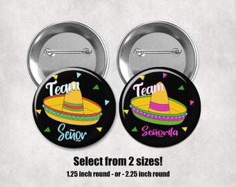 Gender Reveal Pins Sombrero Mexican Fiesta Buttons Gender Reveal Party Favors pinback buttons Team Senor Team senorita Buttons,