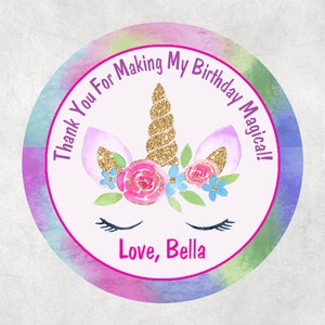 Rainbow Unicorn Birthday Party Favor Gift Tag Stickers that are personalized