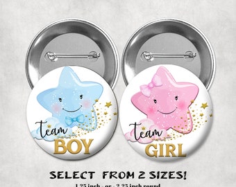 Gender Reveal Baby Shower, Twinkle Twinkle Little Star, Team Boy Girl  Buttons Pin Back Magnet,   Blue Pink Moon Star Cloud