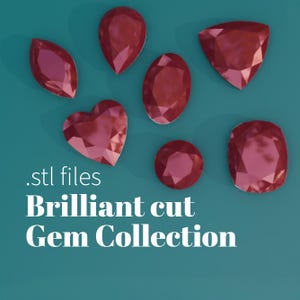 May include: A collection of brilliant-cut gems in various shapes, including teardrop, oval, heart, and round, in shades of red. The text reads ".stl files Brilliant cut Gem Collection" on a teal background.