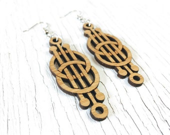 Deco Knot Bamboo Statement Earrings, Laser Cut Wood Earrings, Light Weight Dangle Earrings, Art Deco Celtic Earrings, Nickel Free