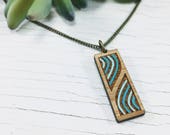Sand Water Wave Zen Adjustable Necklace, Laser Cut Bamboo Wood Necklace, Japanese Zen Garden, Turquoise Glitter Champagne Painted Pendant
