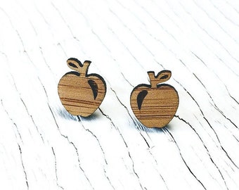 Apple Stud Earrings, Teacher Gift, Doctor Gift, Laser Cut Wood Earrings, Eco-Friendly Bamboo Earrings, Gift for her, Nickel Free