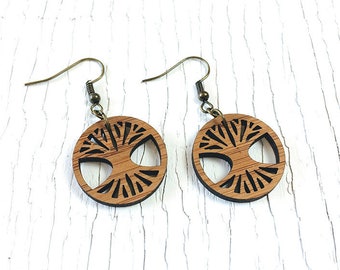 Tree of Life Wood Earrings, Laser Cut Bamboo Dangle Earrings, Nature Lover Gift for Her, Yoga Jewelry, Light Weight, Nickel Free