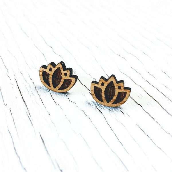 Lotus Flower Stud Earrings, Diffuser Earrings, Natural Eco Friendly Laser Cut Bamboo Earrings, Hypoallergenic Nickel Free, Yoga Jewelry