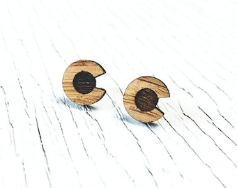 Colorado Stud Earrings, Laser Cut Wood Studs, Eco-Friendly Bamboo Earrings, Colorado C Earrings, Colorado Flag, Nickel Free, Colorado Gift