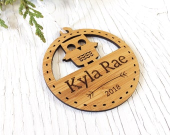 Personalized Owl Ornament, Custom Name Ornament, Personalized Gift for Baby, Laser Cut Bamboo Ornament