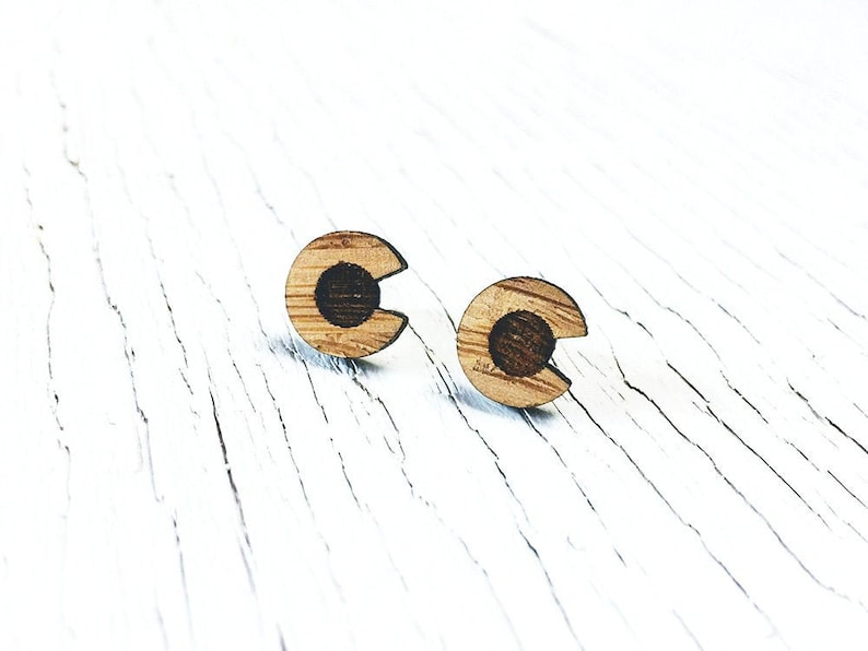 Colorado Stud Earrings, Laser Cut Wood Studs, Eco-Friendly Bamboo Earrings, Colorado C Earrings, Colorado Flag, Nickel Free, Colorado Gift image 1