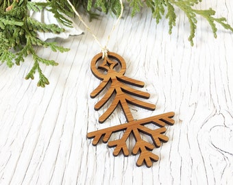 Snow Pine Christmas Ornament, Snowflake Pine Tree, Colorado Christmas Tree Ornament, Nature Lover Gift, Laser Cut Bamboo Ornament