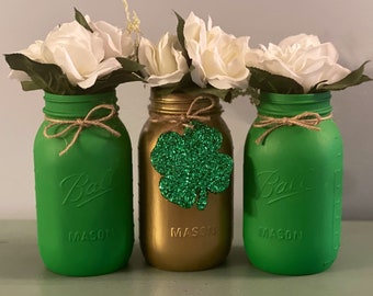 St.Patrick’s Day Mason Jars, Set of 3, Green and Gold Centerpieces, St. Patrick’s Day Decor, Baby Shower Centerpieces.