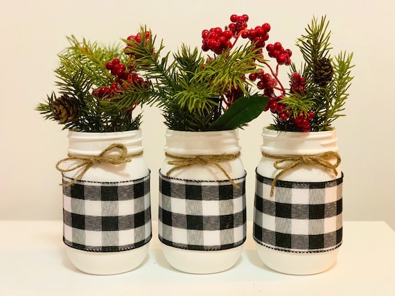 Black and White Buffalo Plaid Mason Jars, Buffalo Check Kitchen Decor, Black  and White Wedding Decor, Plaid Checkered Decor, 