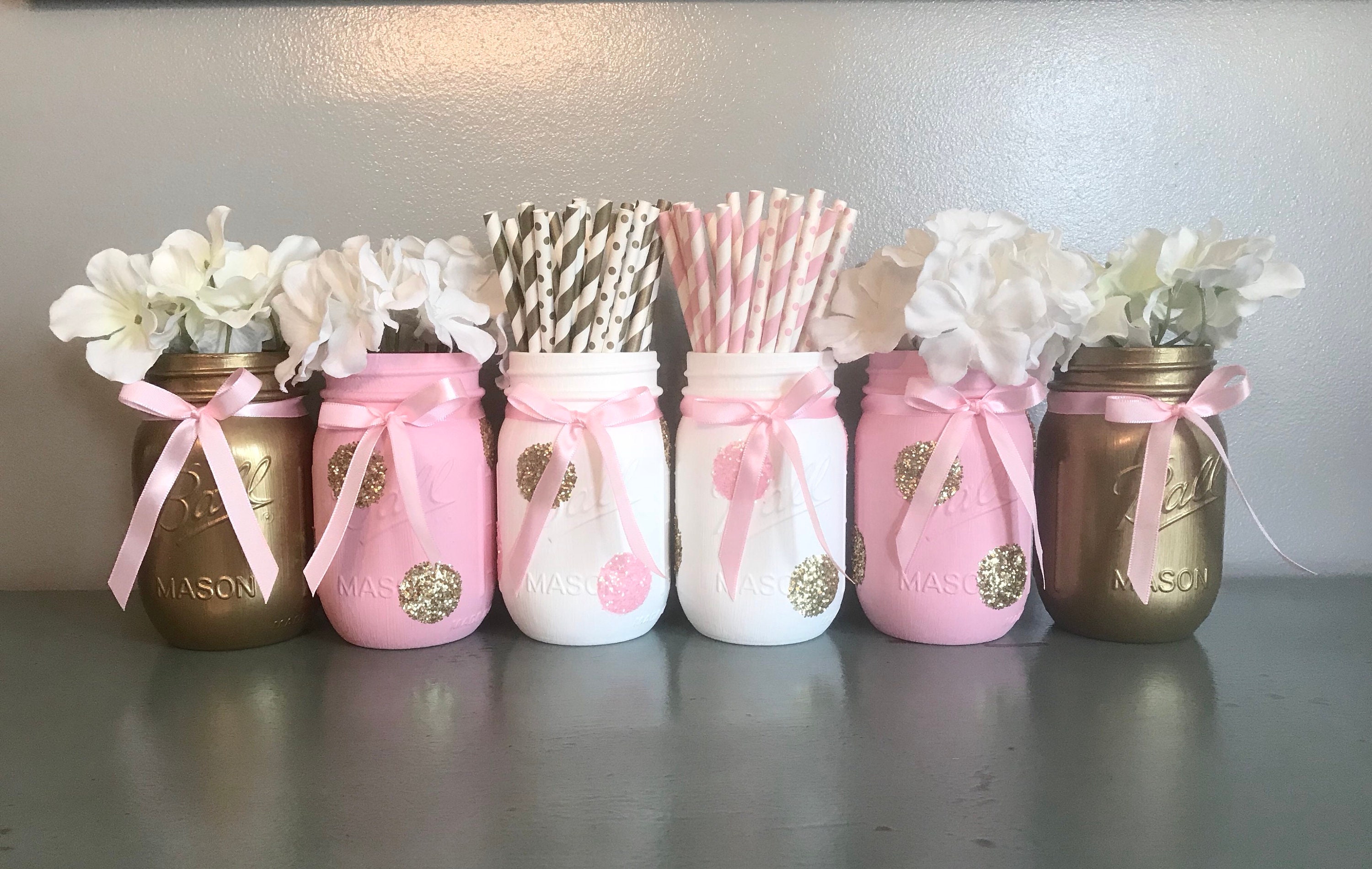 Pink and Gold Baby Shower Centerpieces Set of 6 Quart Mason Etsy