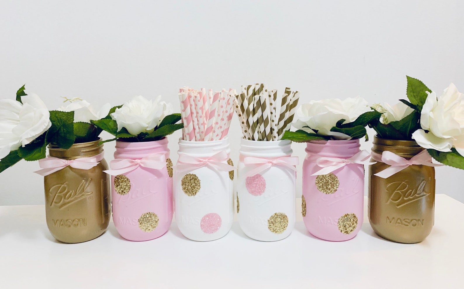 Pink and Gold Baby Shower Centerpieces Set of 6 Quart Mason Etsy