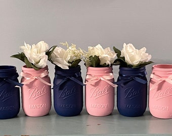 Gender Reveal Mason Jars, Set of 4 or 6, Pink and Navy Blue Mason Jars, Pink and Navy Baby Shower, Gender Reveal Decorations