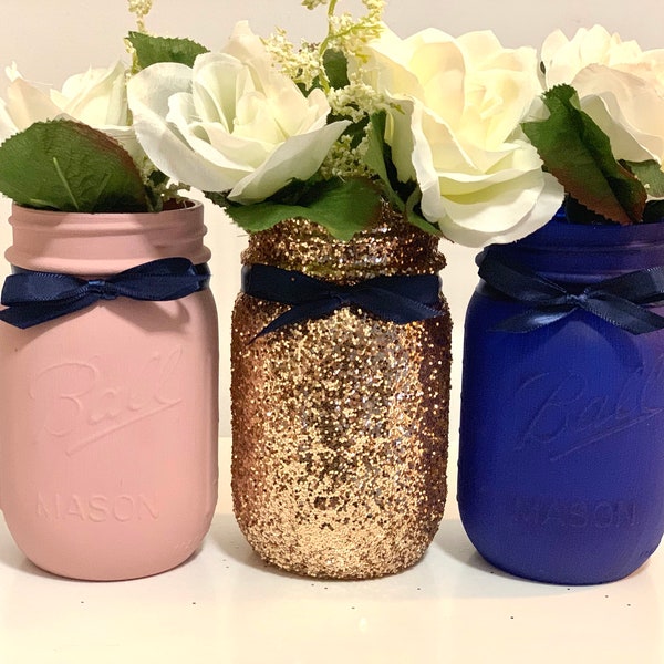 Navy, Blush Pink and Rose Gold Mason Jars, Set of 3, Shower Centerpieces, Navy Wedding Decor, Blush Pink and Rose Gold Shower Centerpeices