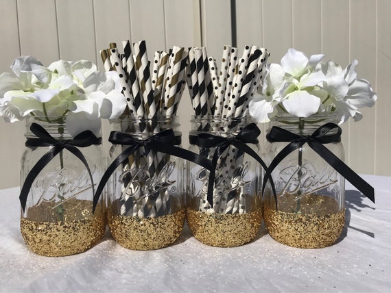 Graduation Party Decor, Black and Gold Mason Jar Decor, Gold and Black  Party Decor, Anniversary Party Decor, New Year's Eve Party Decor 