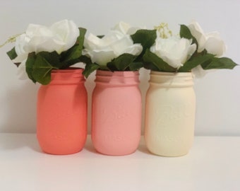 Fall Mason Jars, Set of 3, Peach Ombré Mason Jars, Pastel Mason Jars, Baby Shower Mason Jars, Nursery Decorations, Fall Wedding Decorations