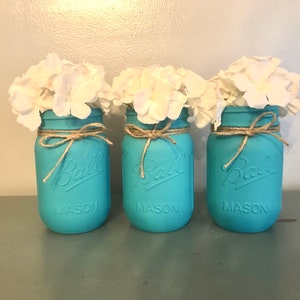 Teal Mason Jars, Set of 3, Country Decor, Wedding Decor, Teal Baby Shower, Bridal Shower Decor,  Shabby Chic Decor, Teal Bathroom Decor