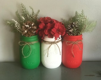 Christmas Mason Jars, Set of 3, Christmas Decorations, Christmas Wedding, Rustic Christmas Centerpeices, Holiday Home Decor