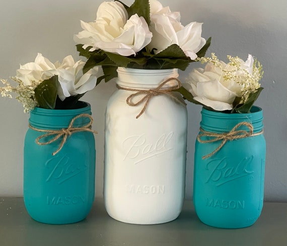 Assorted Coastal Inspired Mason Jars w/Wooden Lids & Straws