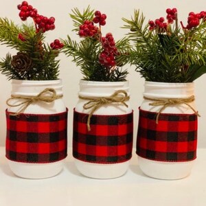 Red and Black Buffalo Plaid Mason Jars, Set of 3, Farmhouse Christmas Decor, Lumberjack Baby Shower, Christmas Decor,