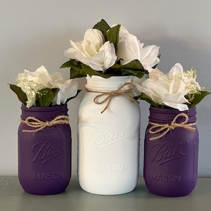 Purple and White Mason Jars, Set of 3, Eggplant and White Decor, Wedding Centerpieces, Wedding Shower, Baby Shower Centerpieces.