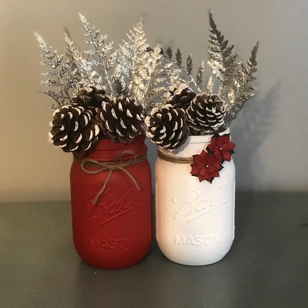 Christmas Mason Jars, Set of 2, Christmas Decorations, Christmas Wedding, Rustic Christmas Centerpiece, Holiday Home Decor