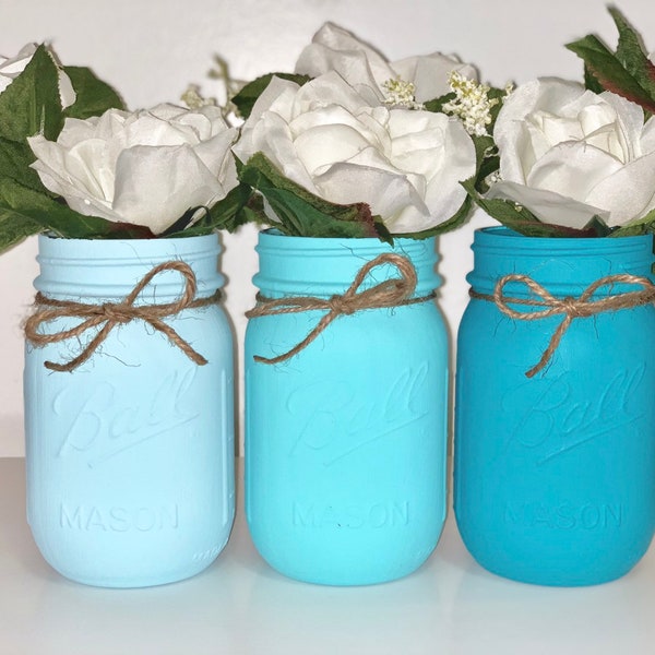 Teal Ombré Mason jars, Set of 3, Rustic Home Decor, Beach Blues, Bathroom Decor, Country Decor, Wedding centerpieces, Bridal Shower Decor,