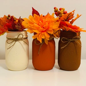 Fall Mason Jar Decor, Set of 3, Fall Centerpieces, Thanksgiving Decorations, Rustic Fall Wedding Decor, Wedding Centerpieces, Vintage Decor