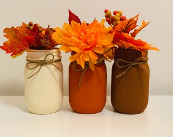 Fall Mason Jar Decor, Set of 3, Fall Centerpieces, Thanksgiving Decorations, Rustic Fall Wedding Decor, Wedding Centerpieces, Vintage Decor