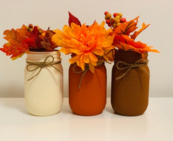 Fall Mason Jar Decor Set Of 3 Fall Centerpieces Etsy