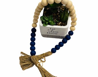 Farmhouse Navy Blue and Natural Wood Bead Garland, Bead Garland, Tiered Tray Decor, Farmhouse Garland, Rustic Garland, Wood Beads