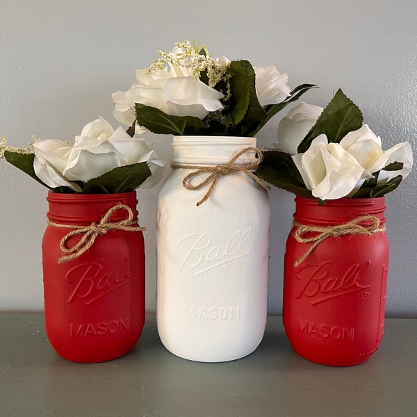 Red and White Valentine’s Day Mason Jars, Set of 3, Red and White Centerpieces, Valentine’s Baby Shower, Valentine’s Day Decor