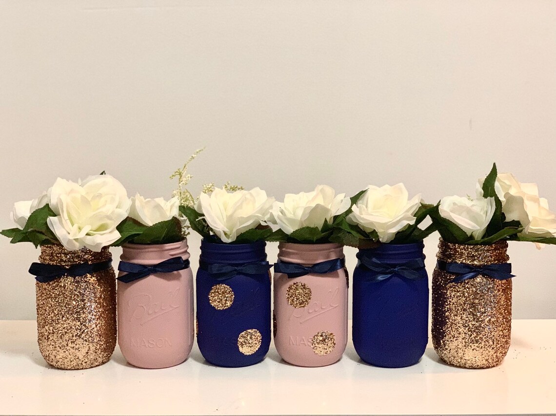 Navy Blush Pink and Rose Gold Mason Jars Set of 6 Shower image 1